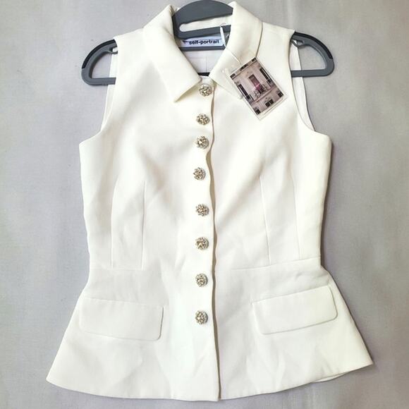 NWT$640 Self-Portrait White Buttoned Crepe Sleeveless Blazer Top Sz 4 - Picture 5 of 13